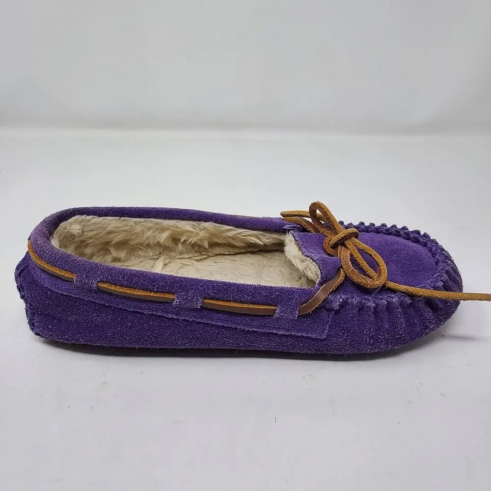 Minnetonka Purple Leather Moccasins Faux Fur Lining Size 2